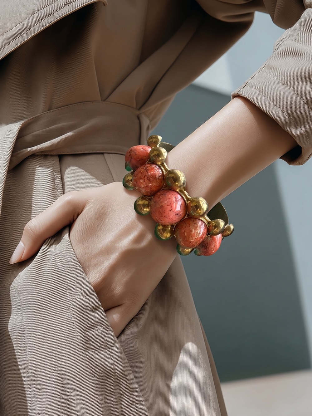 Gold and Coral Sphere Bead Bracelet